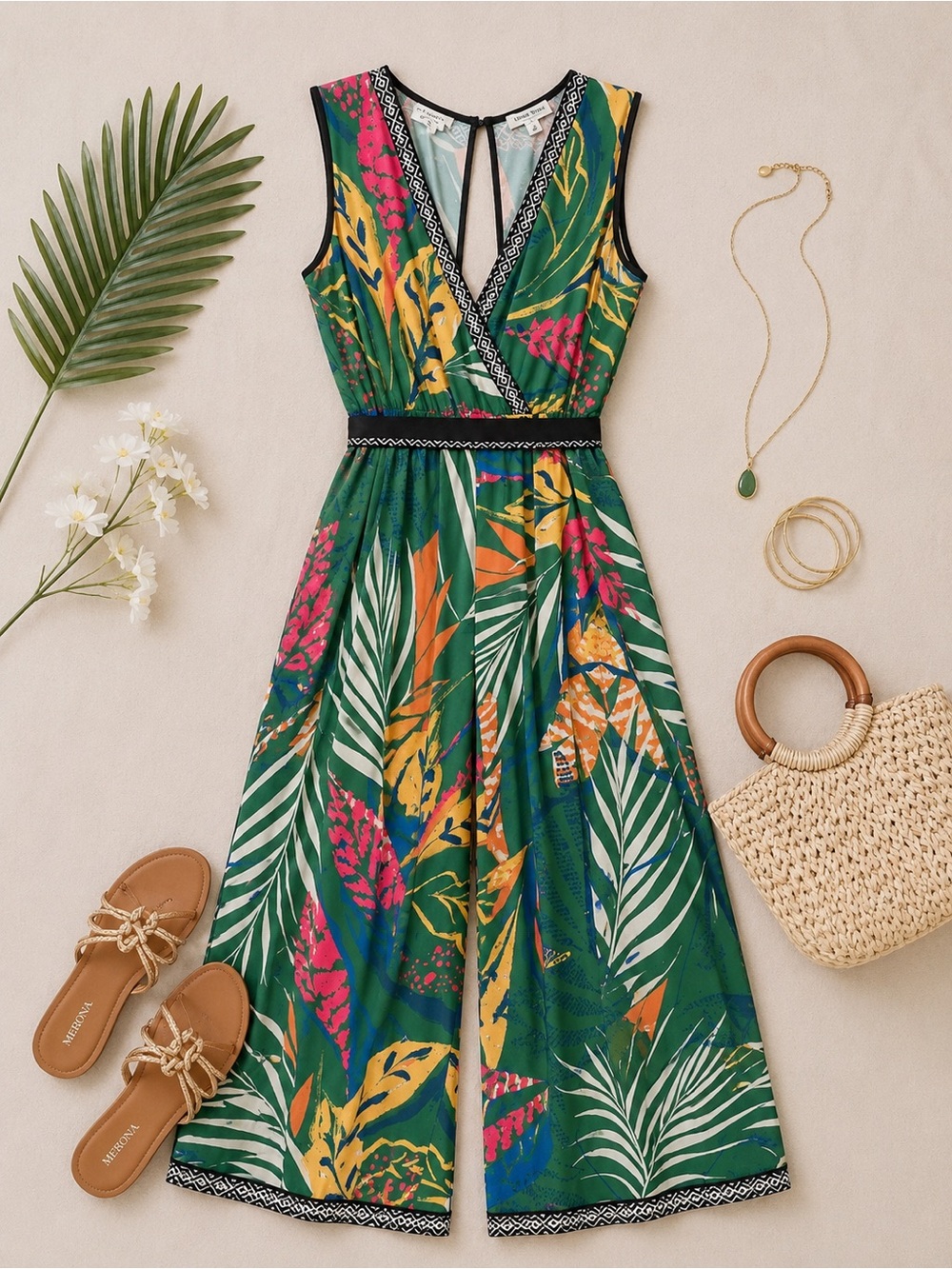 Flying Tomato Green Tropical Print Wide-Leg Jumpsuit Size Medium